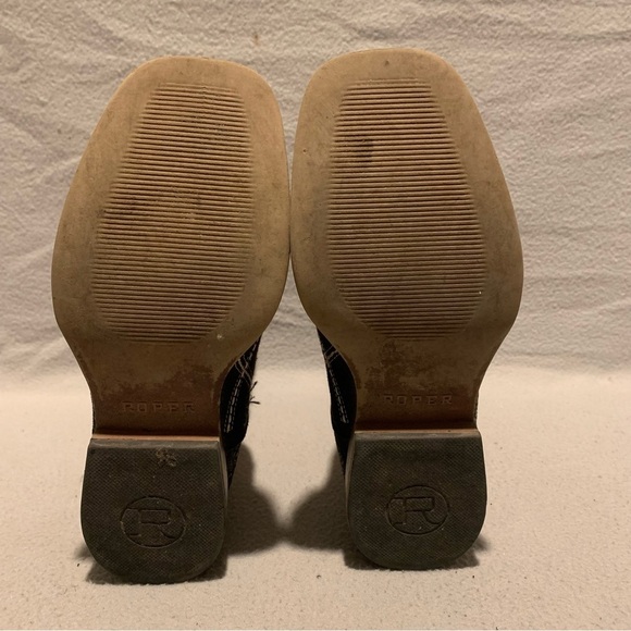 Roper Boys Western Black/Beige Cross Cut Square Toe Pull On Cowboy Boots Size 3 - Picture 6 of 9